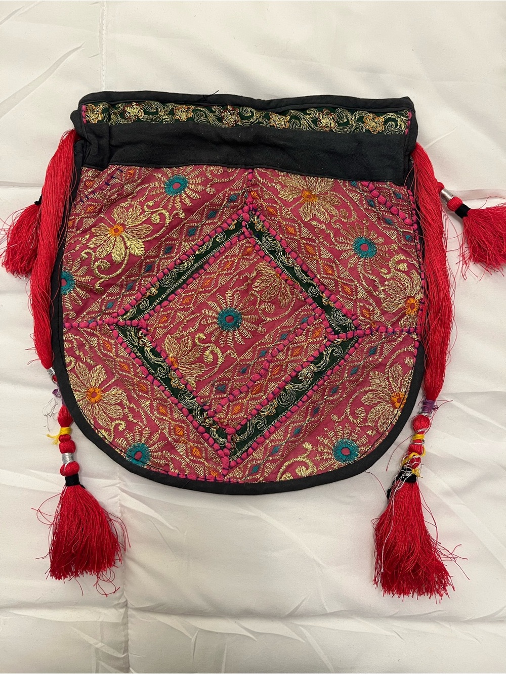 Handmade Embroidered Tassel Boho Crossbody Bag Pink Gold Festival Artisan - Picture 7 of 8